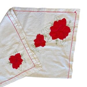 Vintage Poinsetta Embroidered Red Flower Linen Table Runnercloth‎ Napkin Accent